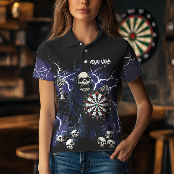 Purple Lightning Thunder Skull Darts Polo, Quarter zip Shirt For Women Custom Team Darts Jersey Outfit NQS9446