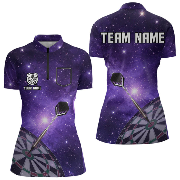 Purple galaxy space pattern Darts Polo, Quarter zip Shirts For Women Custom Team Darts Jersey Outfit NQS9448