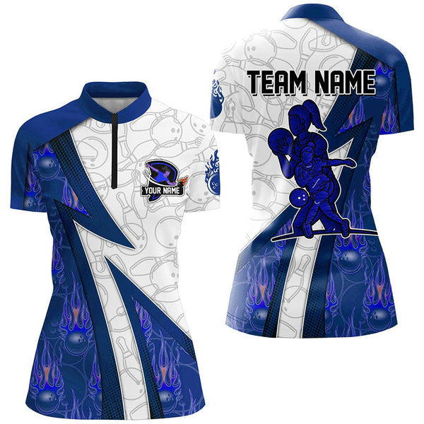 Custom Bowling Polo, Quarter Zip Shirt For Women blue flame camo Bowling shirts, Bowling Team jerseys NQS7937