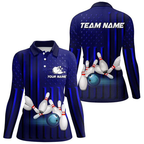Blue American Flag patriotic Bowling Polo, 1/4 Zip Shirts For Women, custom team bowling shirts NQS8362