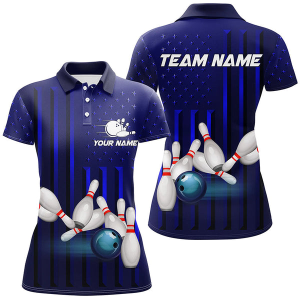 Blue American Flag patriotic Bowling Polo, 1/4 Zip Shirts For Women, custom team bowling shirts NQS8362