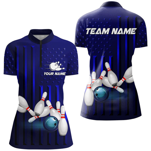Blue American Flag patriotic Bowling Polo, 1/4 Zip Shirts For Women, custom team bowling shirts NQS8362