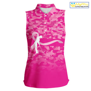 Breast Cancer Awareness golf shirts custom Women sleeveless golf polos, pink camo ribbon golf shirts NQS10191