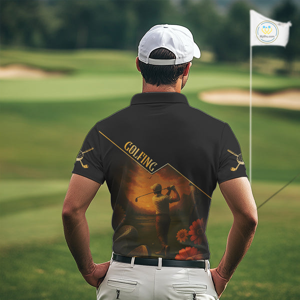Black & Gold Golf polo shirt for men Custom  Mens golf tops, gift for golfers NQS10339