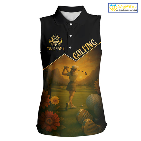 Black & Gold Golf sleeveless polo shirt for Women Custom Ladies golf tops, gift for golfers NQS10339