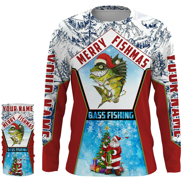 Merry fishmas Bass Fishing custom name sun protection long sleeve fishing shirts, Santa fishing jersey NQS4455
