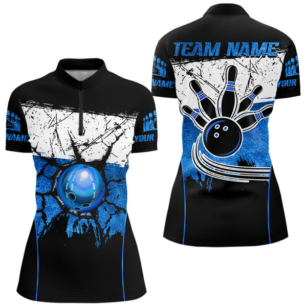 Black, White & Blue Retro broken Bowling ball Polo, 1/4 Zip Shirt For Women Custom Bowling Team Shirts NQS9789