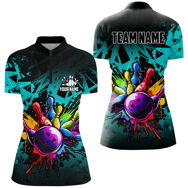 Colorful bowling jersey Polo, 1/4 Zip Shirt for Women Custom Bowling Team shirts for bowler| Cyan Blue NQS7707