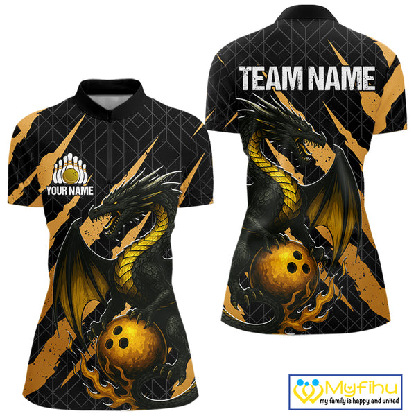 Black and Gold Dragon Bowling Polo, Quarter Zip Shirts for Women Custom Bowling Outfit Team jersey NQS10037