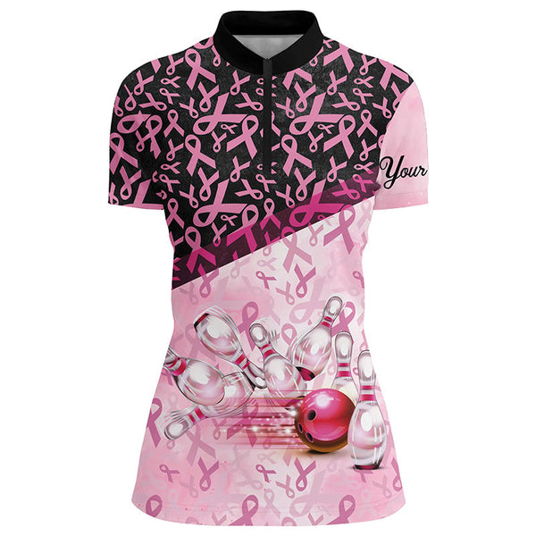 Pink and black ribbon pattern Bowling Shirt For Women Custom Breast Cancer Awareness bowling jerseys NQS7949