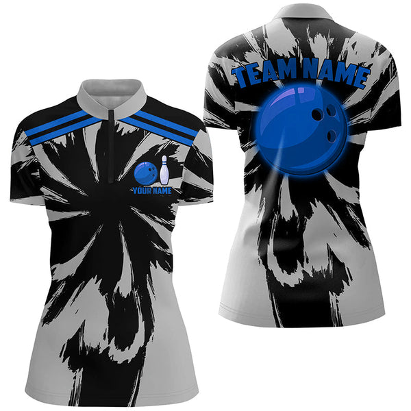 Black and Gray bowling Polo, Quarter Zip Shirt for Women Custom Blue bowling ball Team Bowling jerseys NQS8144