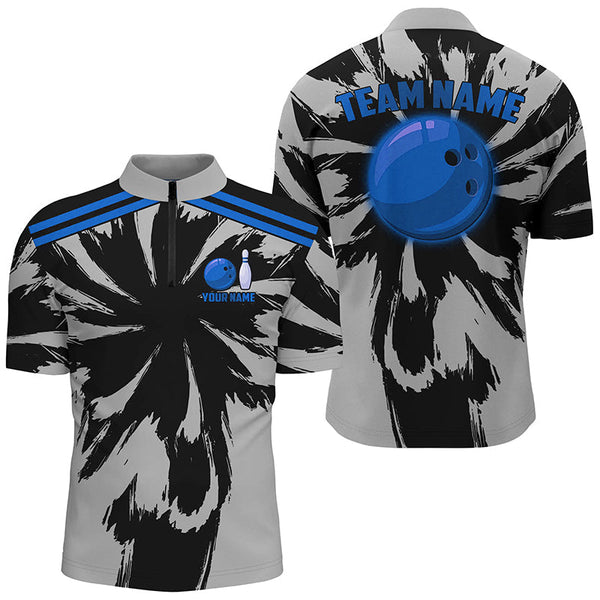 Black and Gray bowling Polo, Quarter Zip Shirt for Men Custom Blue bowling ball Team Bowling jerseys NQS8144