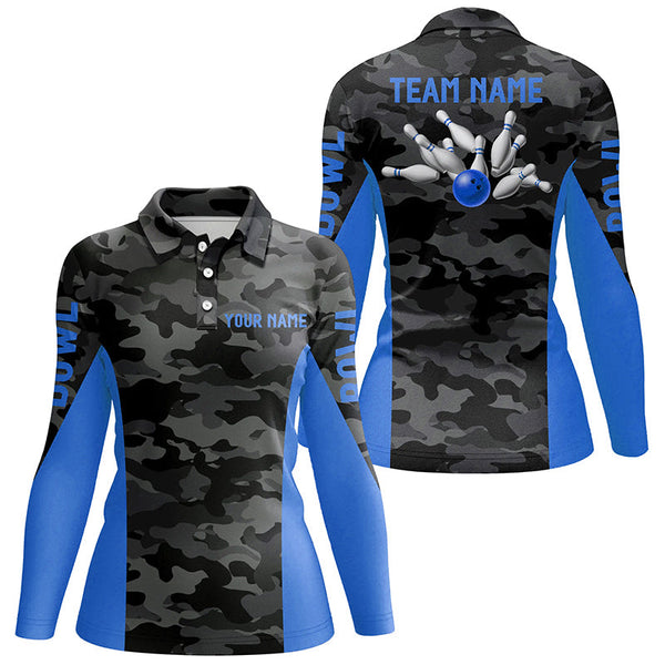 Women bowling polo shirts Custom gray camo Bowling Team Jersey, Bowling Team League Shirt | Blue NQS7095
