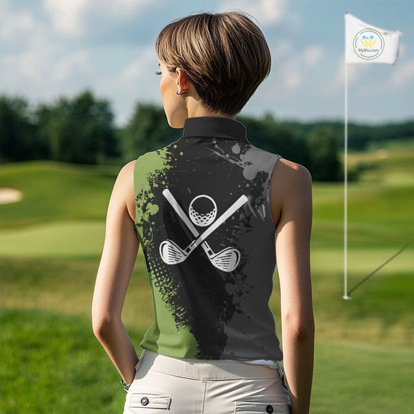 Black and Green Camo Sleeveless Golf Polo shirt for Women Custom golf team uniform golf outfit NQS9797