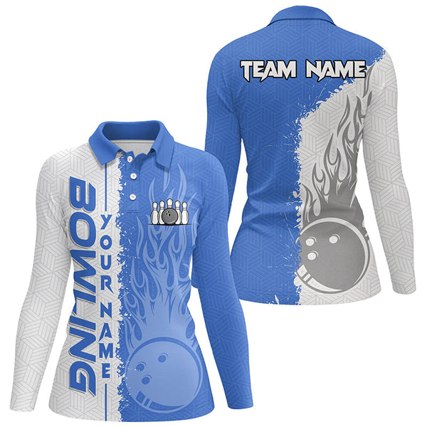 Women bowling polo shirts Custom white and blue flame Bowling ball and pins Team league Jerseys NQS7103