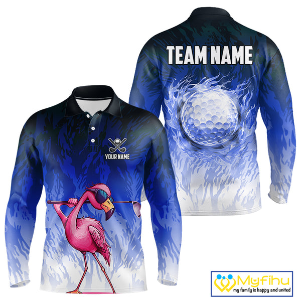 Funny Flamingo Blue camo flame golf ball Mens Golf Polo Shirts Custom Flamingo Golf attire for men NQS9800