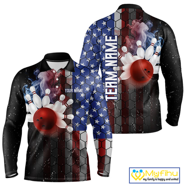Smoke American Flag Vintage Bowling Polo, 1/4 Zip Shirts For Men Custom Patriotic Bowling Team jerseys NQS9802
