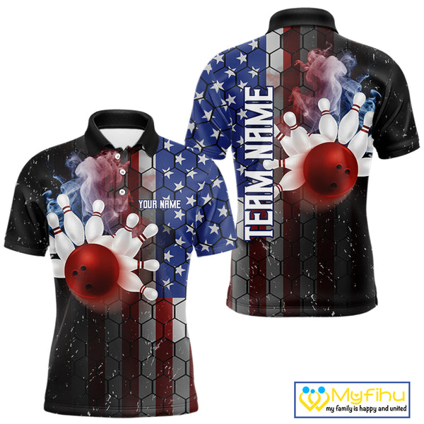 Smoke American Flag Vintage Bowling Polo, 1/4 Zip Shirts For Men Custom Patriotic Bowling Team jerseys NQS9802