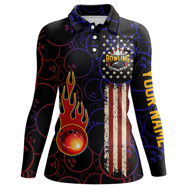 Custom American flag black Bowling polos Shirts For Women, patriotic Bowling tournament Jerseys NQS5615