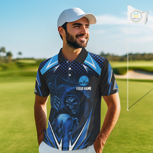 Mens golf polo shirts custom Blue Lightning reaper skull Golf team golf jersey, mens golf attire NQS10206