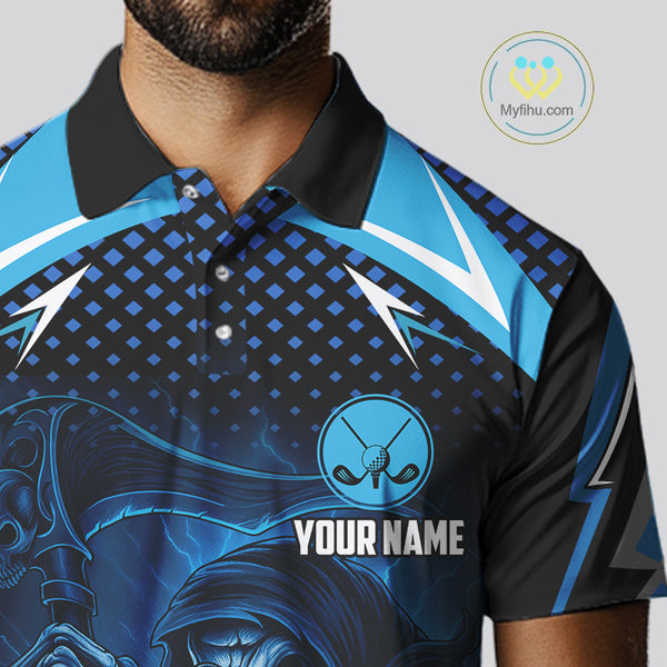 Mens golf polo shirts custom Blue Lightning reaper skull Golf team golf jersey, mens golf attire NQS10206