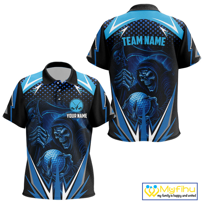 Kid golf polo shirts custom Blue Lightning reaper skull Golf team golf jersey, Kid golf attire NQS10206