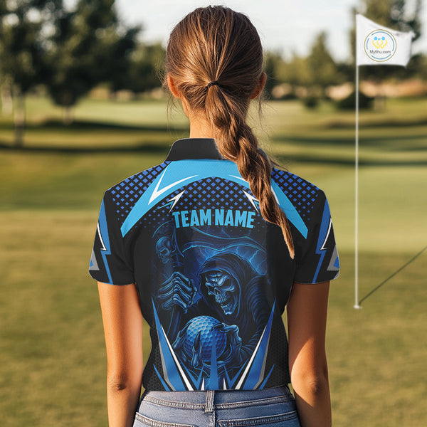Women golf polo shirts custom Blue Lightning reaper skull Golf team golf jersey, ladies golf attire NQS10206