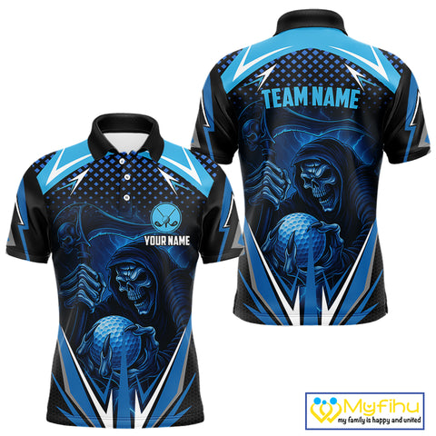 Mens golf polo shirts custom Blue Lightning reaper skull Golf team golf jersey, mens golf attire NQS10206