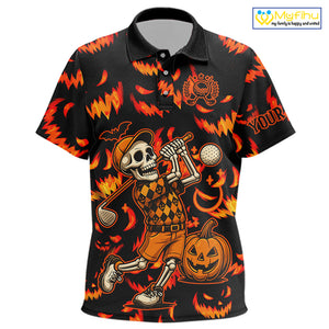 Orange and Black Halloween Pattern Funny Skull Golf polo shirt for Kid Custom Halloween Kid golf top NQS10352
