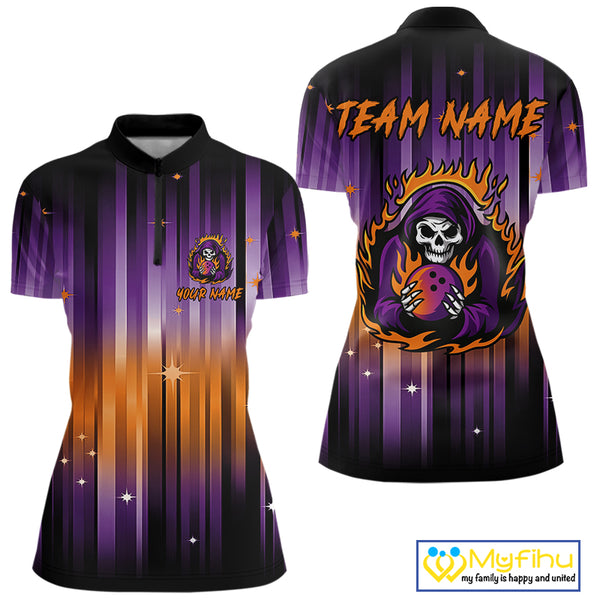 Custom Orange and Purple Flame Skull Halloween Bowling Shirt for Women, Halloween Bowling Team Jersey NQS10358