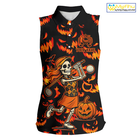 Orange and Black Halloween Pattern Funny Skull Golf sleeveless polo shirt Custom Halloween golf top NQS10352