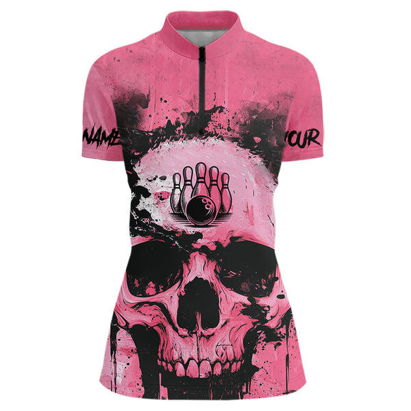 Pink Skull Bowling Polo, Quarter Zip Shirts for Women Custom Skull Bowling Team Shirts Uniform NQS9623