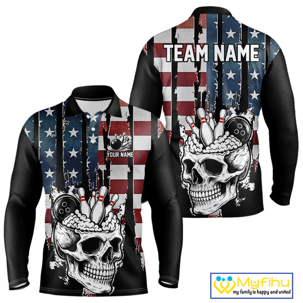 Vintage American Flag retro skull bowling shirts for Men Custom patriotic Bowling Team Outfit NQS10048