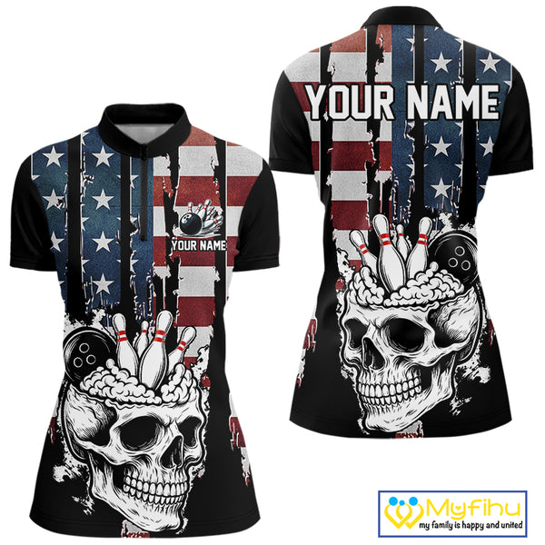 Vintage American Flag retro skull bowling shirts for Women Custom patriotic Bowling Team Outfit NQS10048