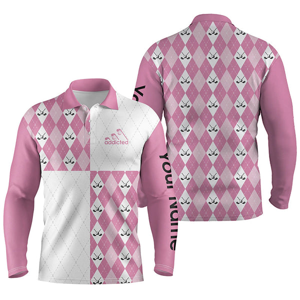 Golf addicted Mens golf polo shirts custom pink white golf ball clubs pattern, team golf shirts NQS4251