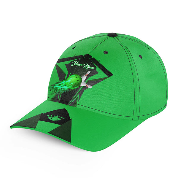 Green Flame Bowling Ball and Pins Custom Bowling Hat, Bowling Cap for team, gift for Bowlers NQS7231