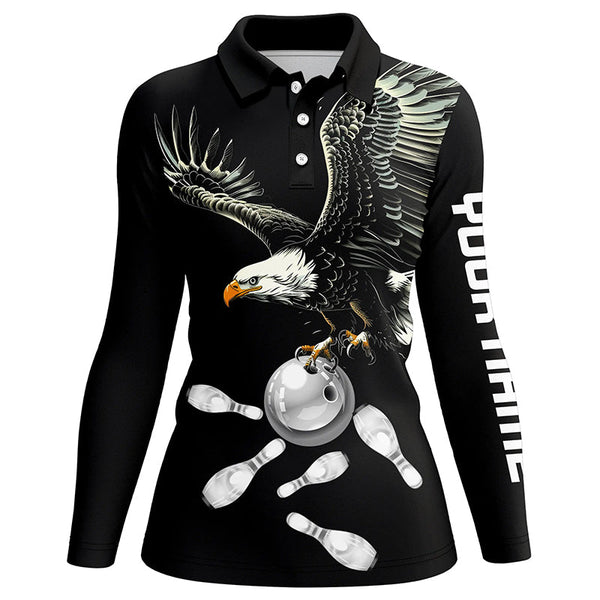 Black and white Women bowling polo shirts Custom Eagle Team bowling shirts, gift for bowlers NQS7405