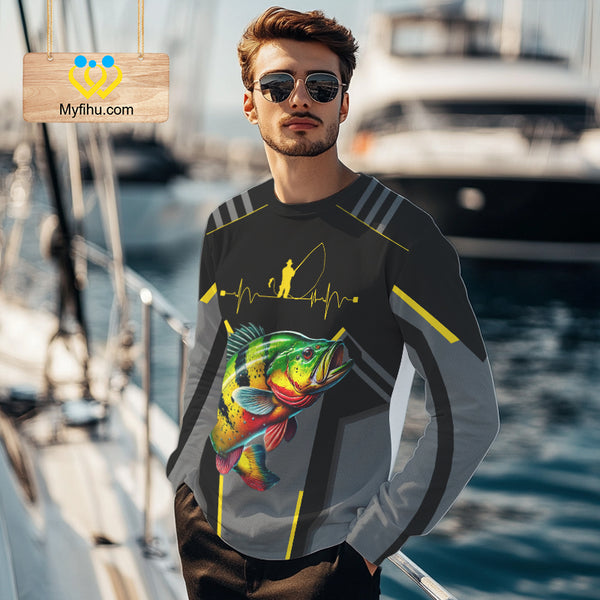 Personalized Black Peacock Bass Fishing jersey, Team Bass Fishing Long Sleeve tournament shirt| Yellow NQS9823