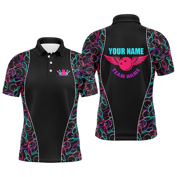 Custom Black Bowling pattern Polo, Quarter Zip Shirts For Men, Personalized Bowling Team Jerseys NQS7725