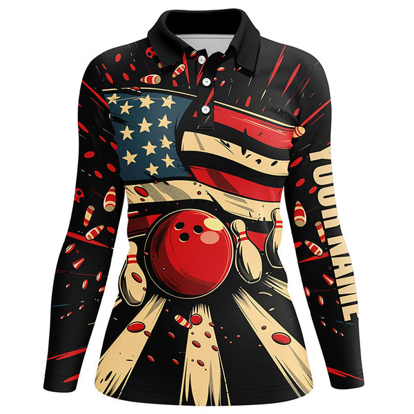 American Flag Retro bowling Women Polo, Quarter Zip shirts, Custom Patriotic Bowling Team Jerseys NQS7731
