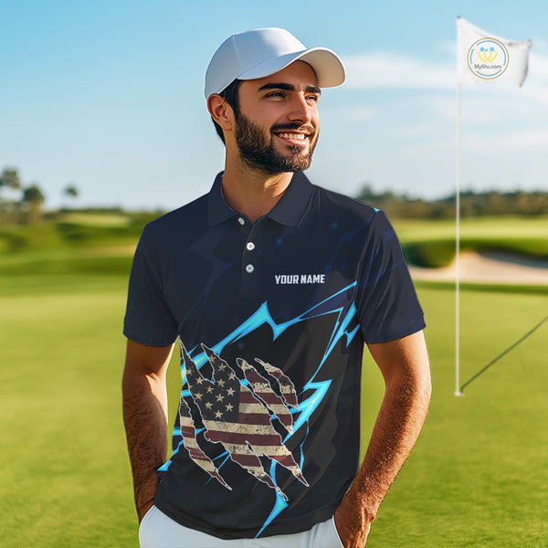 Vintage American Flag blue lightning Mens Golf polo shirts Custom patriotic Golf outfit For Mens NQS10059