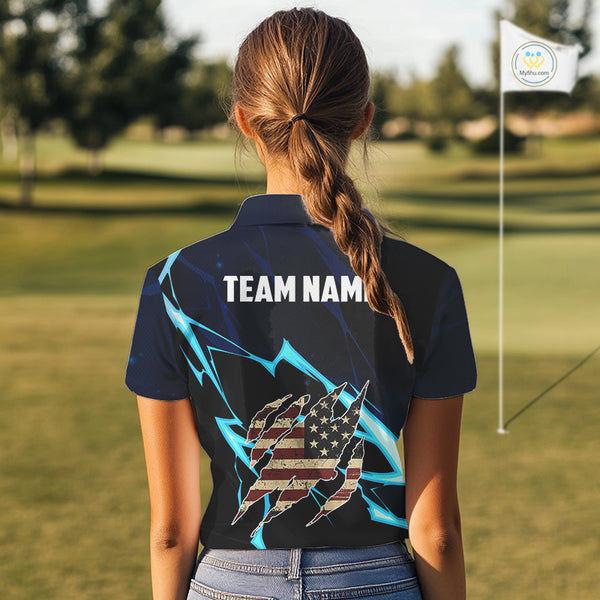 Vintage American Flag blue lightning Women Golf polo shirts Custom patriotic Golf outfit For ladies NQS10059