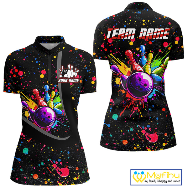 Colorful bowling jerseys Bowling Polo, 1/4 Zip Shirt for Women Custom Bowling Team shirts for bowlers NQS10363