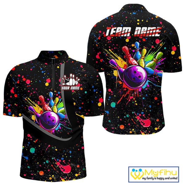 Colorful bowling jerseys Bowling Polo, 1/4 Zip Shirt for Men Custom Bowling Team shirts for bowlers NQS10363