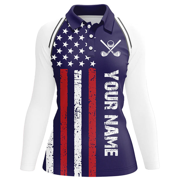 Red, White and Blue American Flag Women golf polo shirts custom patriotic golf attire for women NQS8405