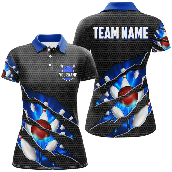 Black and Blue Scratch Bowling Polo, Quarter Zip Shirt For Women Custom name Team Bowling Jerseys NQS8616