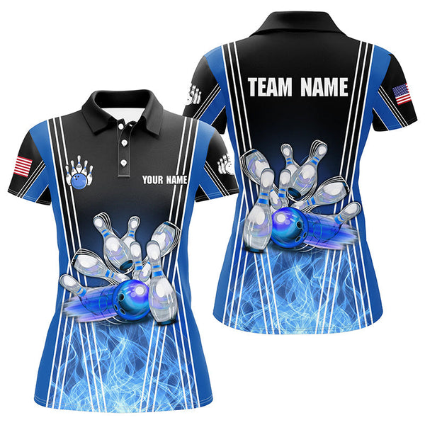 Blue flame bowling polo shirts for women Custom Team girl bowling jerseys, gift for bowlers NQS7237