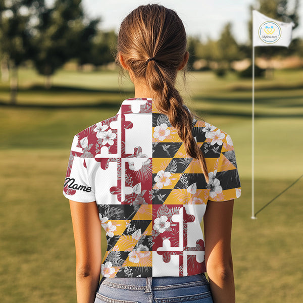 Maryland Flag tropical flower pattern Women Golf polo shirts Custom ladies patriotic golf shirts NQS10064