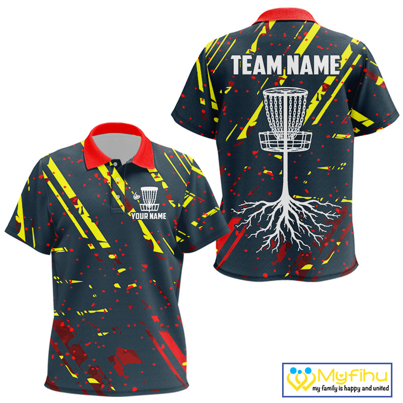 Blue, yellow and red background Kid Disc golf polo shirts Custom name disc golf clothing for team NQS10067