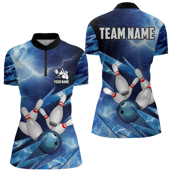 Blue Lightning Thunder Storm Bowling Polo, Quarter Zip Shirt For Women Custom Bowling Team Jersey NQS9114
